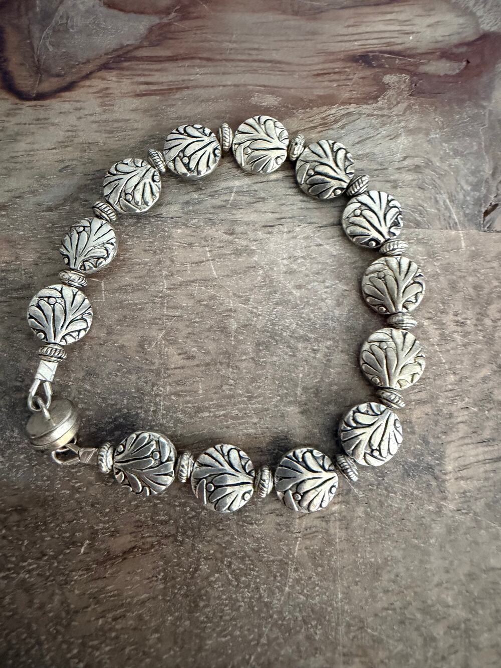 Silver Tone Magnetic Beaded Bracelet with Embossed Leaf Design